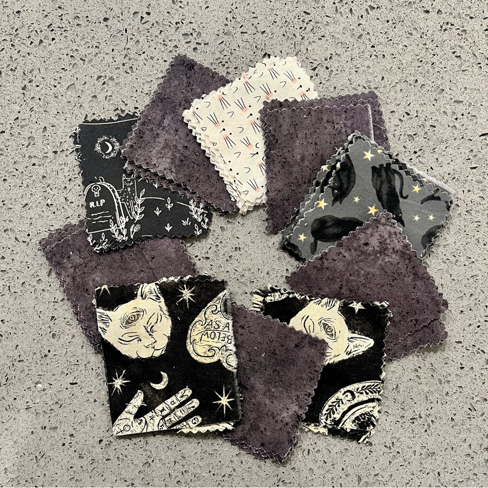 Mini Charm Squares - 70 (2.5” x 2.5”) Mini Charm Square Pack - Grey Cat Theme